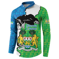 Button-up sweatshirt with large Sierra Leone crest and chimpanzee artwork in blue and green