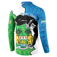 Back of button-up sweatshirt with “Your Text”, chimpanzee crest in blue and green