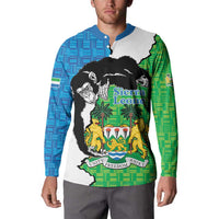 Button-up sweatshirt with Sierra Leone crest graphic and chimpanzee, blue and green sleeves