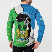 Back view button-up sweatshirt with “Your Text” and chimpanzee crest, blue and green