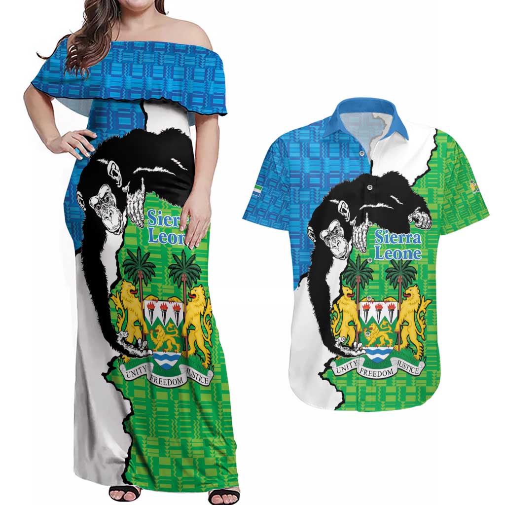 Personalised Sierra Leone Couples Matching Off Shoulder Maxi Dress and Hawaiian Shirt Chimpanzee With Coat Of Arms - Wonder Print Shop