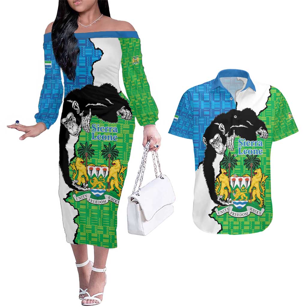 Personalised Sierra Leone Couples Matching Off The Shoulder Long Sleeve Dress and Hawaiian Shirt Chimpanzee With Coat Of Arms - Wonder Print Shop