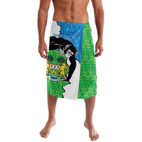 Green and white lavalava skirt with Sierra Leone coat of arms graphic, front panel