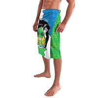 Green and white lavalava skirt with coat of arms graphic panel, side view