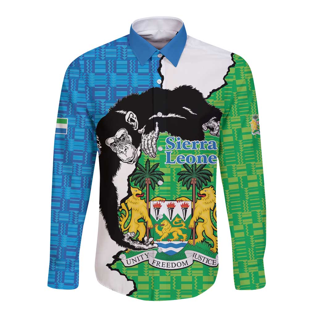 Long-sleeve button shirt with Sierra Leone coat of arms graphic, blue and green panels