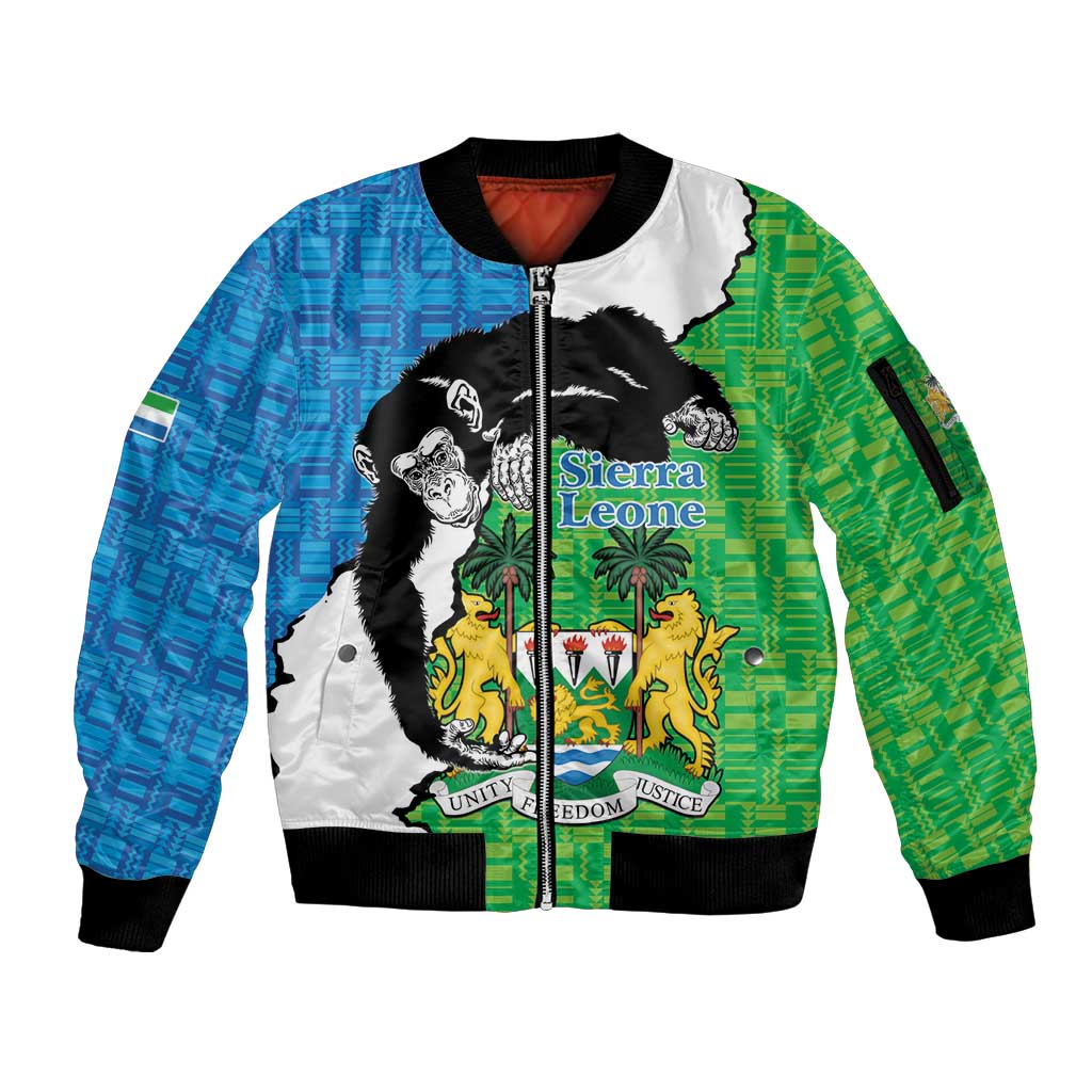 Personalised Sierra Leone Sleeve Zip Bomber Jacket Chimpanzee With Coat Of Arms - Wonder Print Shop