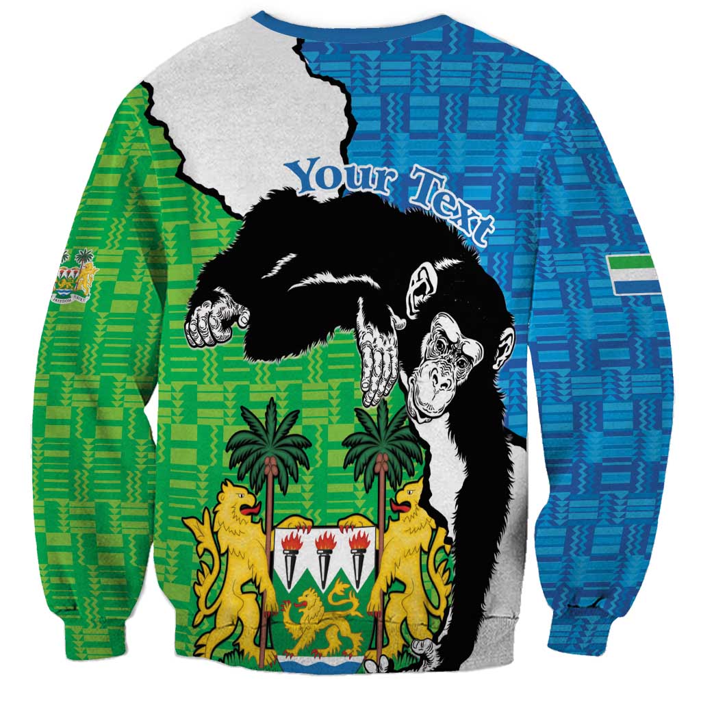 Crewneck sweatshirt with chimpanzee back graphic and custom text, blue and green sleeves