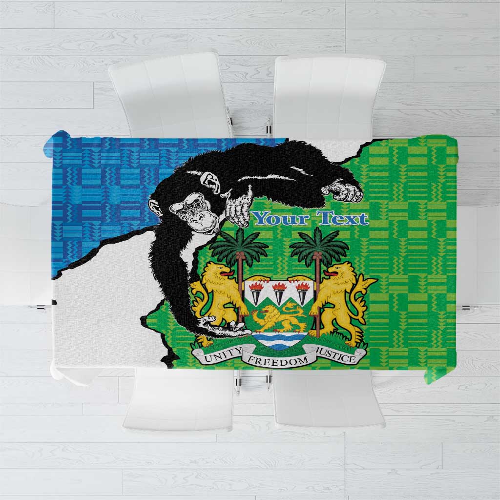 Personalised tablecloth with Sierra Leone coat of arms and chimps on green, blue, and green panels