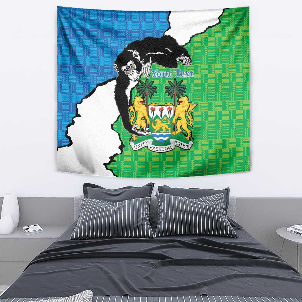Sierra Leone tapestry showing chimpanzee, coat of arms and “Your Text” in blue and green