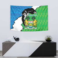 Wall-hanging Sierra Leone tapestry with chimpanzee and crest, blue and green blocks