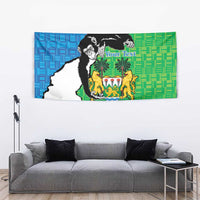 Sierra Leone tapestry with chimpanzee and coat of arms, blue left and green right