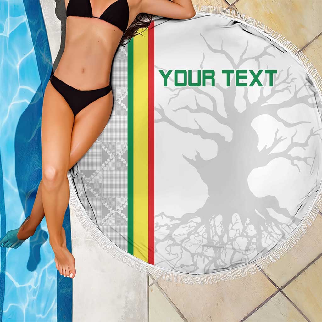 Round white beach blanket with fringe, Senegal flag stripe and 'YOUR TEXT' layout
