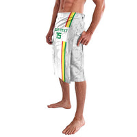 White football lavalava with green-yellow-red stripe and printed number 15 on front