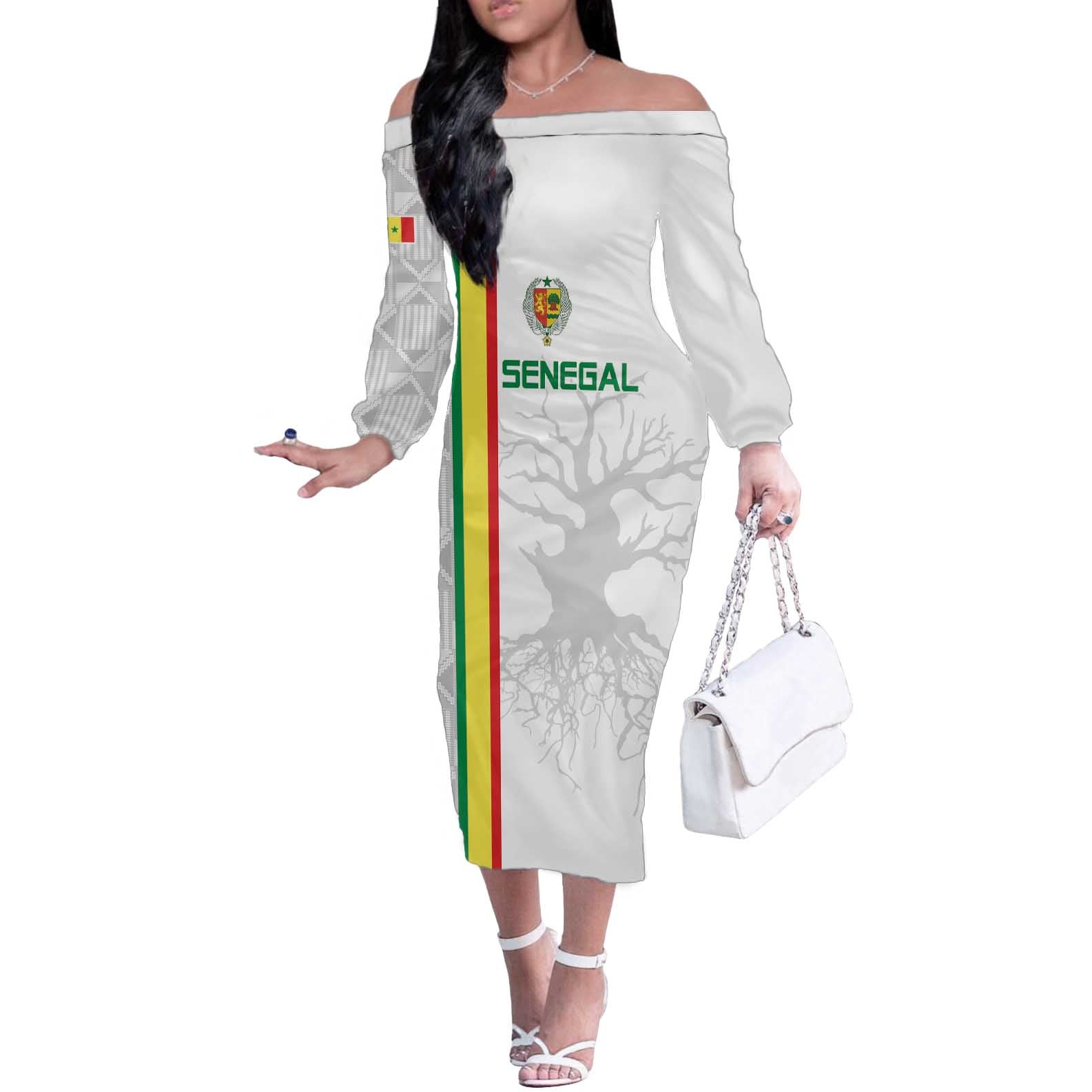 Custom Senegal Football Off The Shoulder Long Sleeve Dress Road To Champions