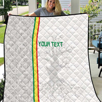 White custom football quilt with diamond quilting, green-red vertical stripe and 'YOUR TEXT'