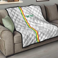 White football quilt with diamond quilting, green-red vertical stripe and 'YOUR TEXT' bedding
