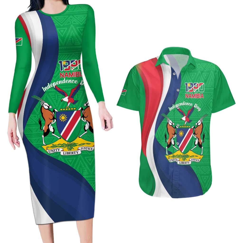 Personalised Namibia Independence Day Couples Matching Long Sleeve Bodycon Dress and Hawaiian Shirt Coat Of Arms With African Pattern