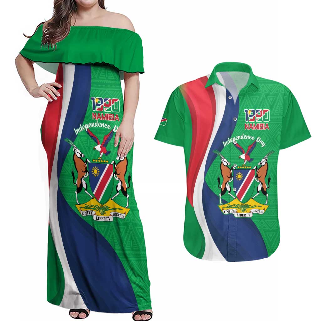 Personalised Namibia Independence Day Couples Matching Off Shoulder Maxi Dress and Hawaiian Shirt Coat Of Arms With African Pattern