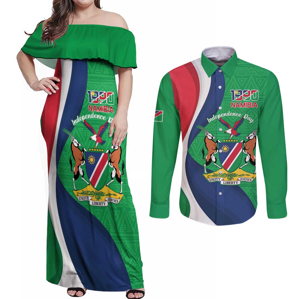 Personalised Namibia Independence Day Couples Matching Off Shoulder Maxi Dress and Long Sleeve Button Shirt Coat Of Arms With African Pattern