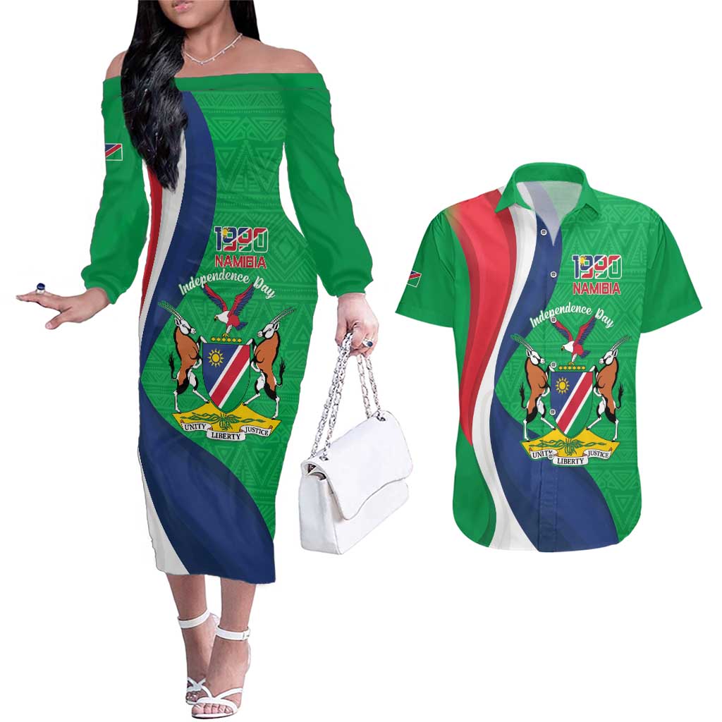 Personalised Namibia Independence Day Couples Matching Off The Shoulder Long Sleeve Dress and Hawaiian Shirt Coat Of Arms With African Pattern