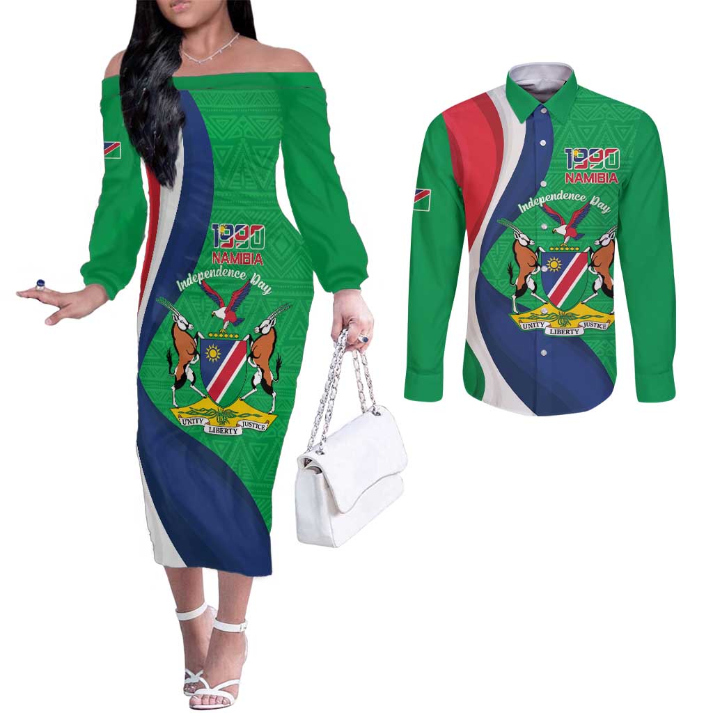 Personalised Namibia Independence Day Couples Matching Off The Shoulder Long Sleeve Dress and Long Sleeve Button Shirt Coat Of Arms With African Pattern