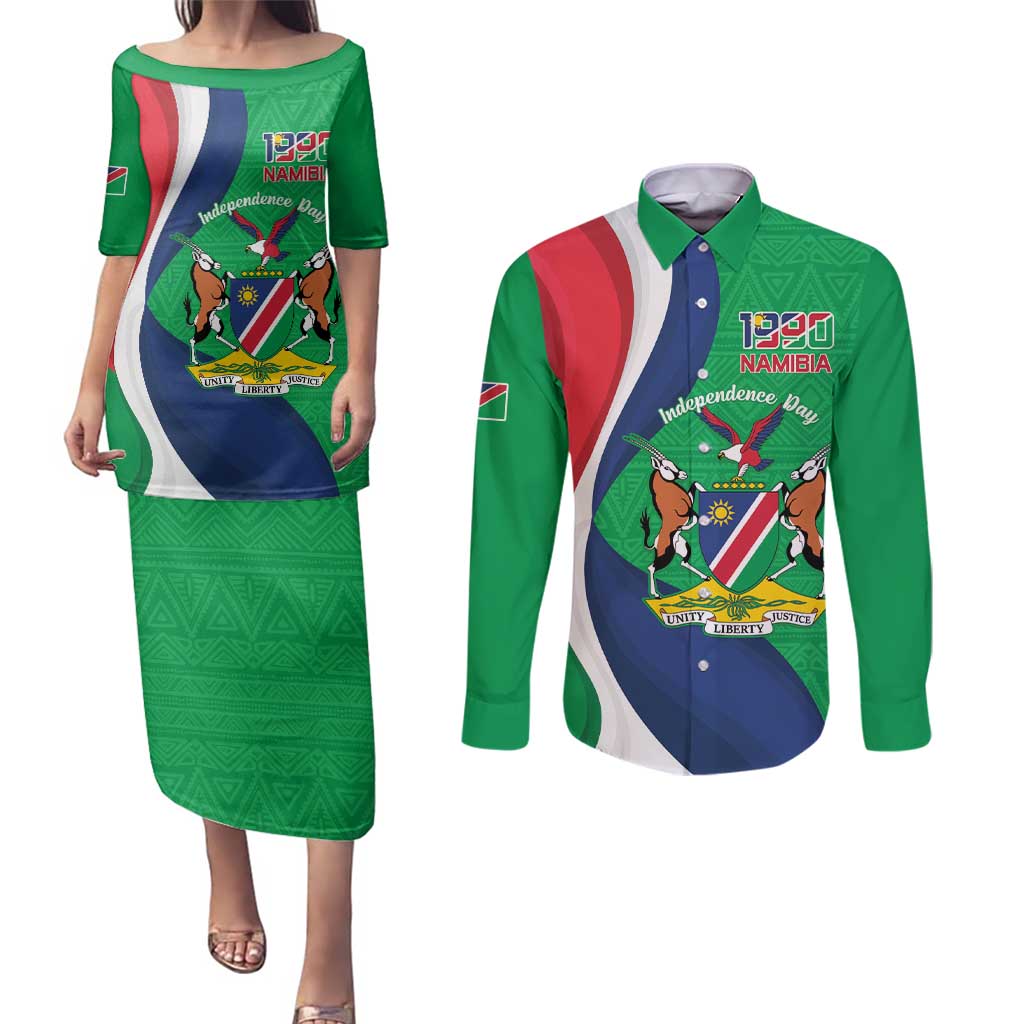 Personalised Namibia Independence Day Couples Matching Puletasi and Long Sleeve Button Shirt Coat Of Arms With African Pattern