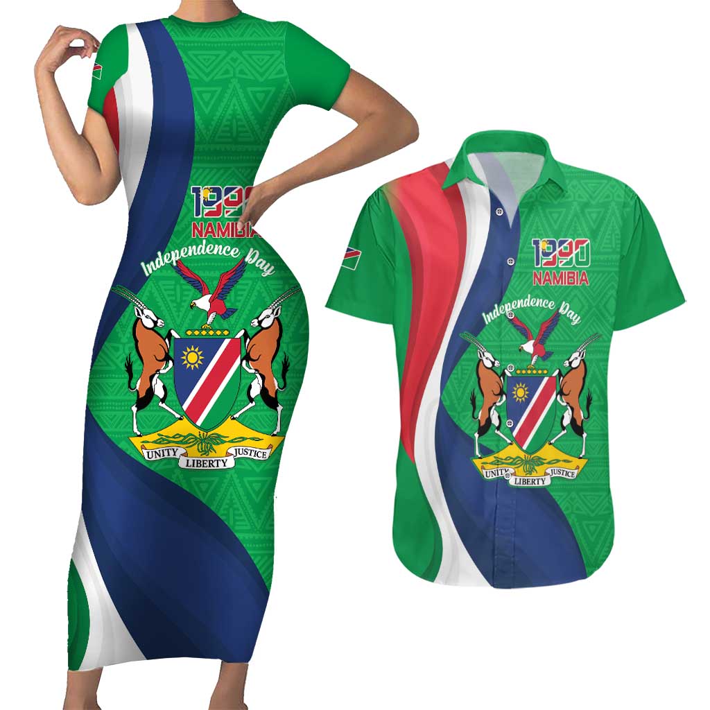 Personalised Namibia Independence Day Couples Matching Short Sleeve Bodycon Dress and Hawaiian Shirt Coat Of Arms With African Pattern