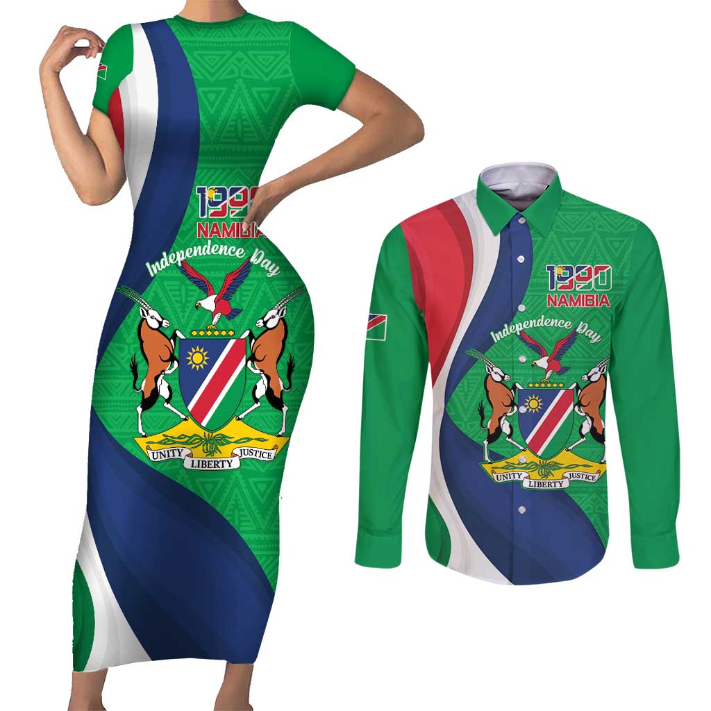 Personalised Namibia Independence Day Couples Matching Short Sleeve Bodycon Dress and Long Sleeve Button Shirt Coat Of Arms With African Pattern