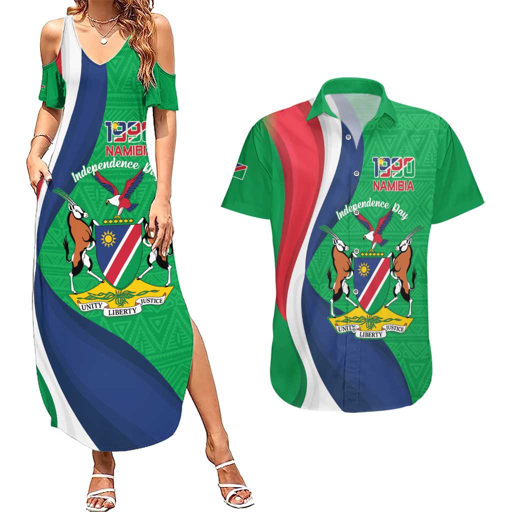 Personalised Namibia Independence Day Couples Matching Summer Maxi Dress and Hawaiian Shirt Coat Of Arms With African Pattern