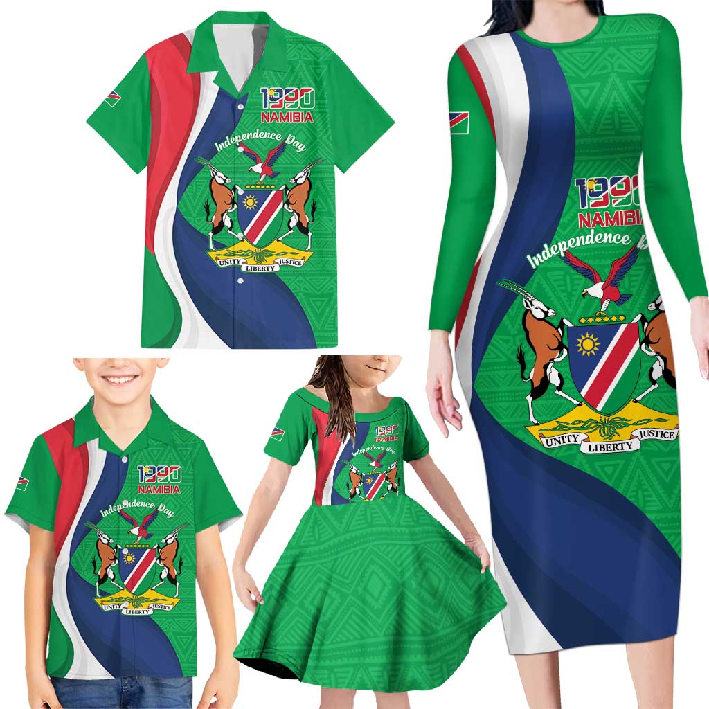 Personalised Namibia Independence Day Family Matching Long Sleeve Bodycon Dress and Hawaiian Shirt Coat Of Arms With African Pattern