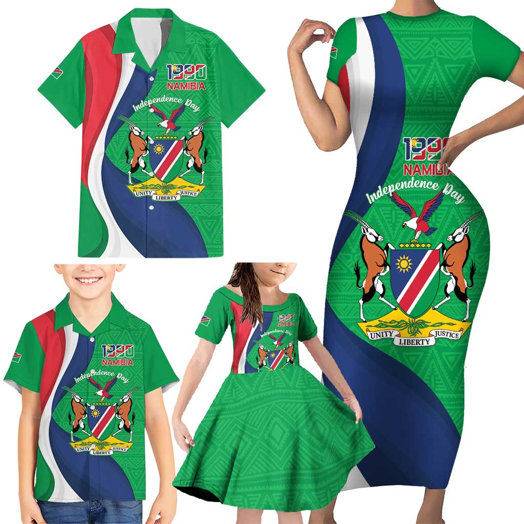 Personalised Namibia Independence Day Family Matching Short Sleeve Bodycon Dress and Hawaiian Shirt Coat Of Arms With African Pattern