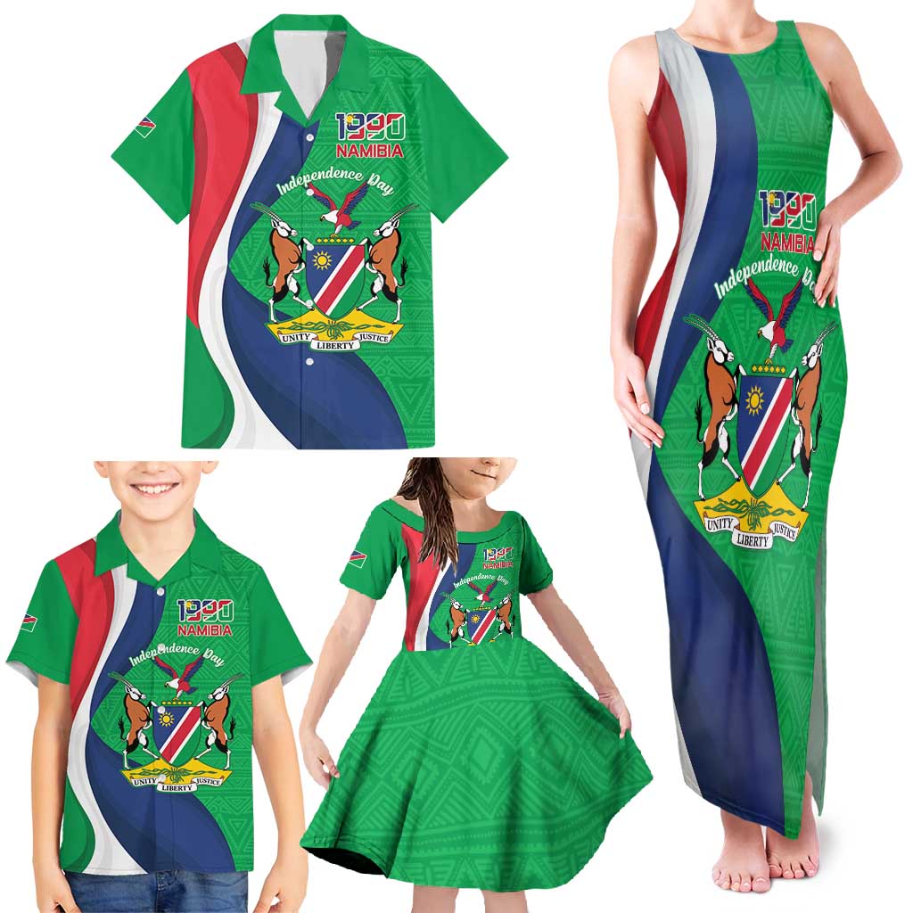 Personalised Namibia Independence Day Family Matching Tank Maxi Dress and Hawaiian Shirt Coat Of Arms With African Pattern