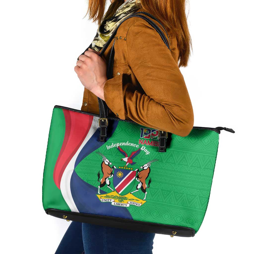 Personalised Namibia Independence Day Leather Tote Bag Coat Of Arms With African Pattern