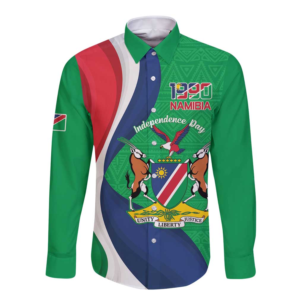 Personalised Namibia Independence Day Long Sleeve Button Shirt Coat Of Arms With African Pattern