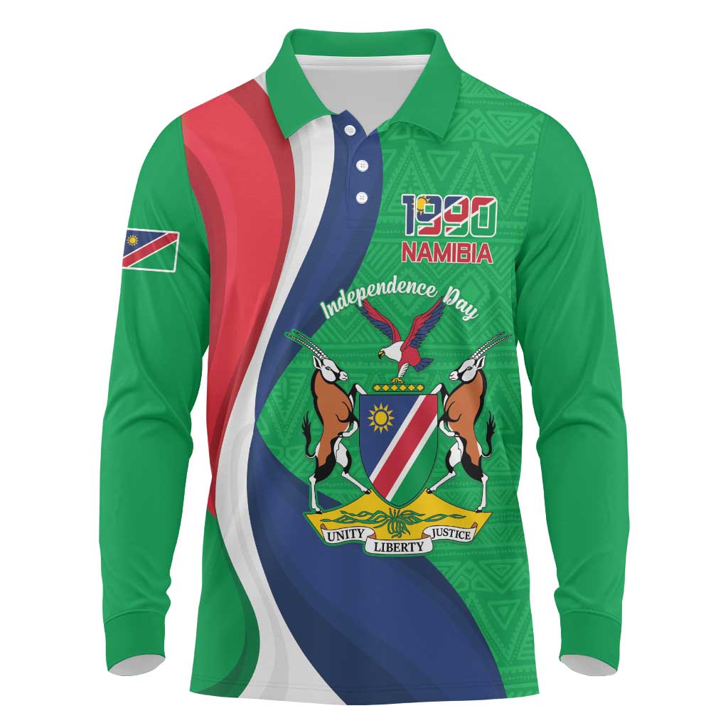 Personalised Namibia Independence Day Long Sleeve Polo Shirt Coat Of Arms With African Pattern