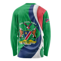 Green long-sleeve shirt with Namibian crest on back and flag-style stripes