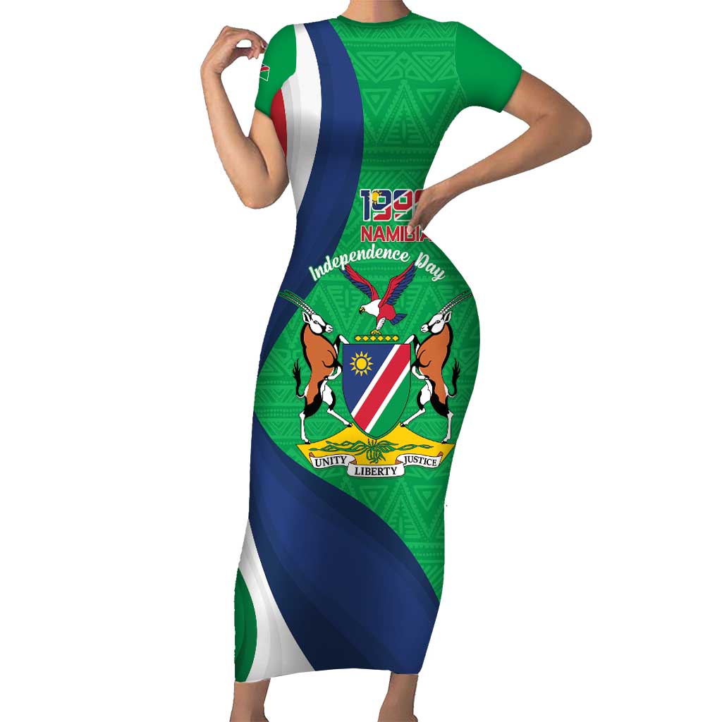 Personalised Namibia Independence Day Short Sleeve Bodycon Dress Coat Of Arms With African Pattern