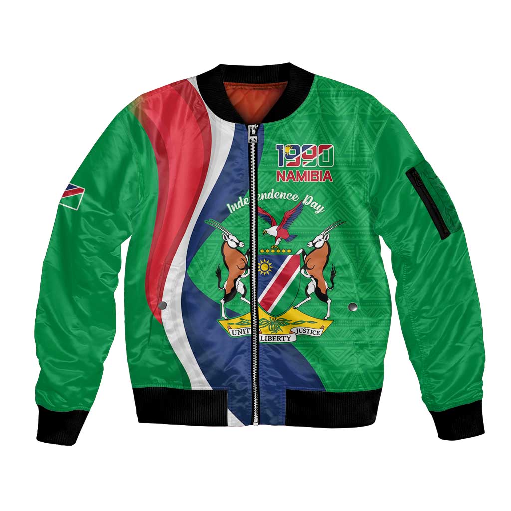 Personalised Namibia Independence Day Sleeve Zip Bomber Jacket Coat Of Arms With African Pattern