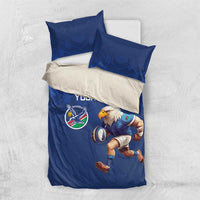 Blue rugby bedding set with “YOUR TEXT” and rugby player graphic on duvet with two pillows