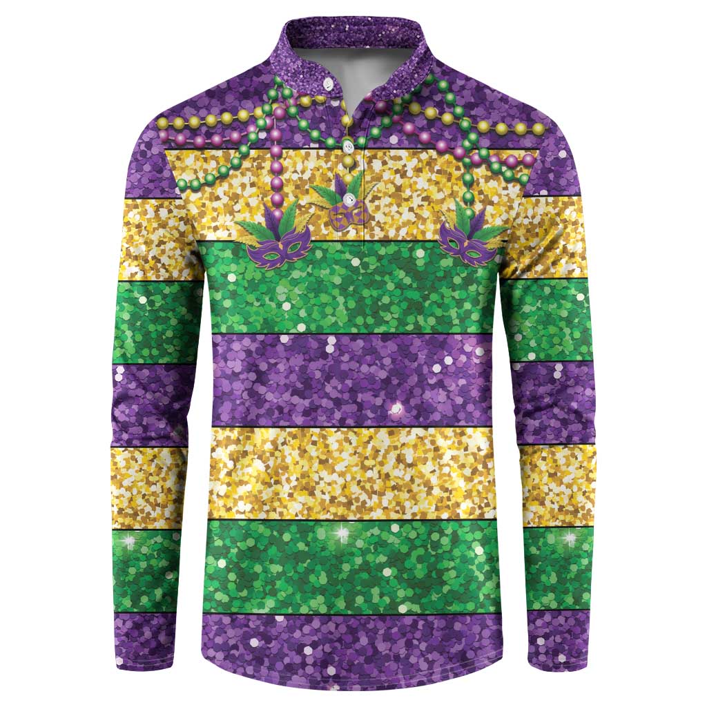 Mardi Gras Stripes Button Sweatshirt Carnival Beads & Masks