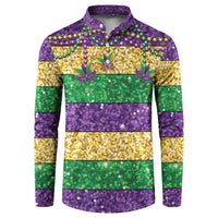 Mardi Gras Stripes Button Sweatshirt Carnival Beads & Masks