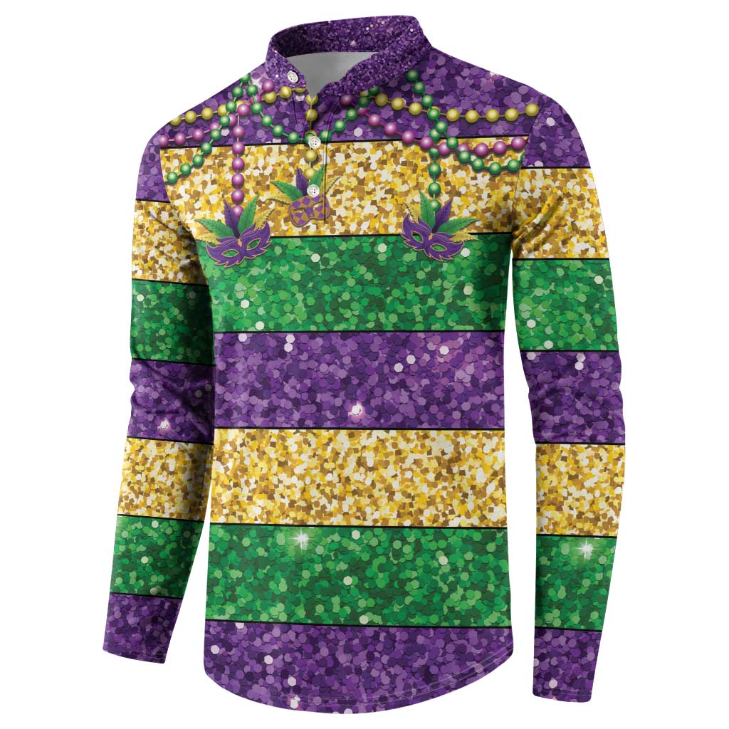 Mardi Gras Stripes Button Sweatshirt Carnival Beads & Masks