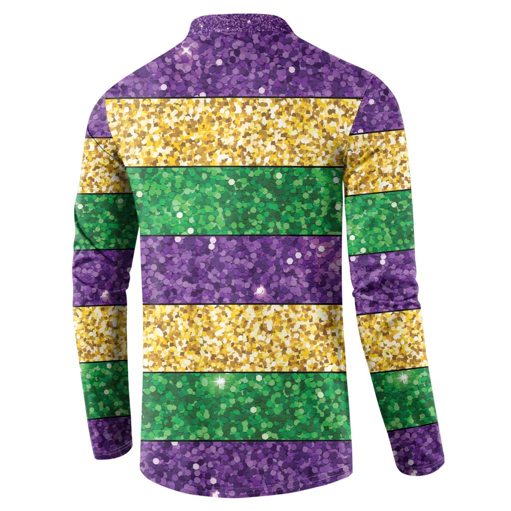 Mardi Gras Stripes Button Sweatshirt Carnival Beads & Masks