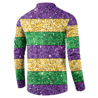 Mardi Gras Stripes Button Sweatshirt Carnival Beads & Masks