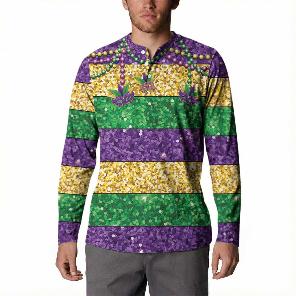 Mardi Gras Stripes Button Sweatshirt Carnival Beads & Masks