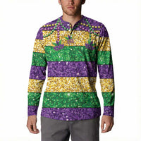 Mardi Gras Stripes Button Sweatshirt Carnival Beads & Masks