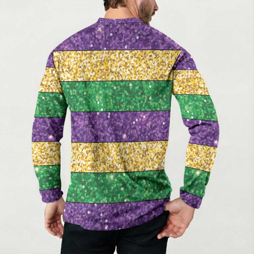Mardi Gras Stripes Button Sweatshirt Carnival Beads & Masks