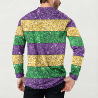 Mardi Gras Stripes Button Sweatshirt Carnival Beads & Masks