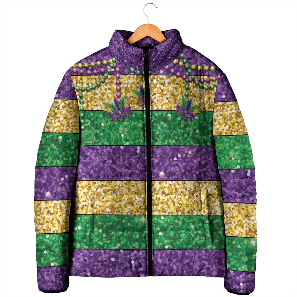 Mardi Gras Stripes Padded Jacket Carnival Beads & Masks