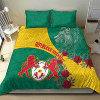 Green and yellow bedding set with lion coat of arms, roses, and textured green pillow cushions